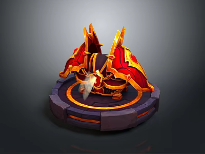 Ornate Mythical Weapon With Red And Gold Fiery Wing Decorations On Purple Orange Circular Platform 3d model