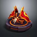 Ornate Mythical Weapon With Red And Gold Fiery Wing Decorations On Purple Orange Circular Platform