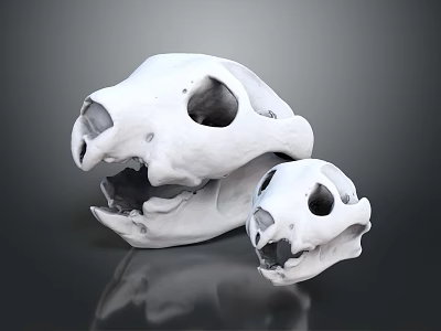 White Animal Skulls Large And Small Displayed On Dark Reflective Background 3d model