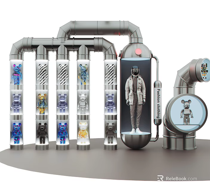Modern Metal Display Shelves With Futuristic Structure Showcasing Dolls And Clothing Models 3d model 