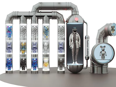 Modern Metal Display Shelves With Futuristic Structure Showcasing Dolls And Clothing Models 3d model