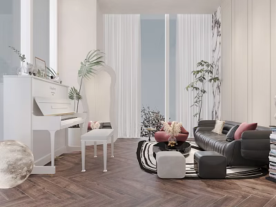 Modern Piano Room Interior With White Piano Cozy Sofa And Plants 3d model