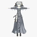 Woman In Gray Long Dress With White Line Decorations And Sword At Waist