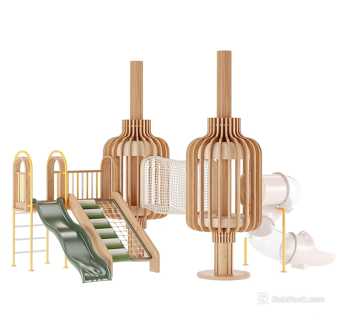 Playground Equipment With Lantern Shaped Wooden Structures Slides And Climbing Net 3d model 