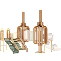 Playground Equipment With Lantern Shaped Wooden Structures Slides And Climbing Net