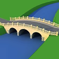 Red Arch Bridge Spanning Blue River With White Railings And Green Grass