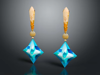 Fashion Earrings With Golden Top And Blue Diamond Cut Sparkling Gemstone 3d model