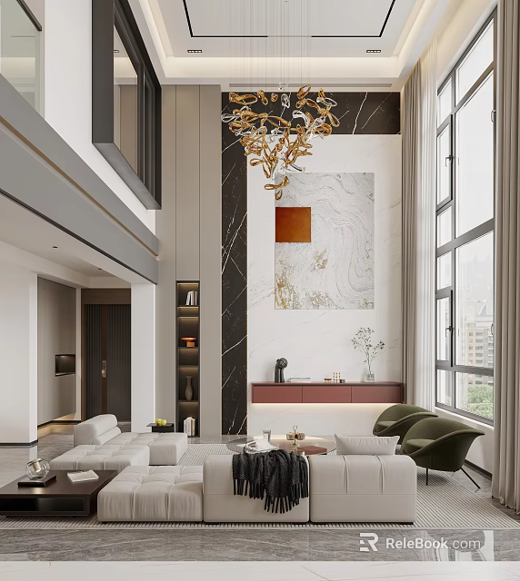 Modern Duplex Living Room Interior With Chandelier Marble Wall And Artwork 3d model 
