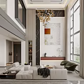 Modern Duplex Living Room Interior With Chandelier Marble Wall And Artwork