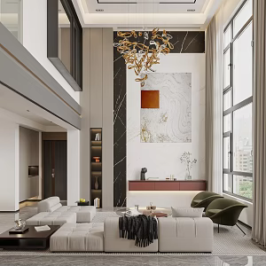 Modern Guest Restaurant Hanging Floor Villa Guest Restaurant Combination Hanging Floor Living Room Chandelier Stairs Sofa Coffee Table Dining Table and Chair Combination Sofa Background Styling Wall Leisure Chair Jewelry 3d model