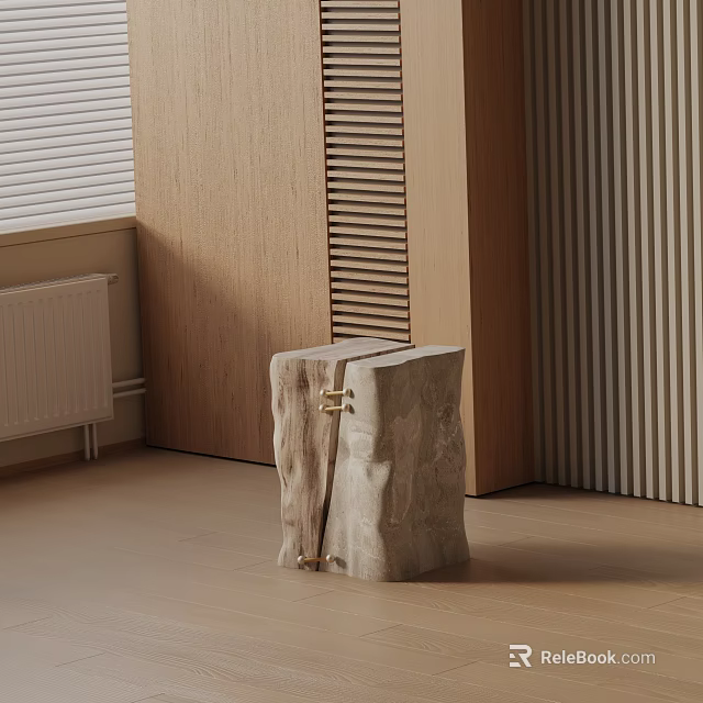 Natural Stone Bedside Table In Modern Minimalist Bedroom With Wooden Walls And Textured Design 3d model 