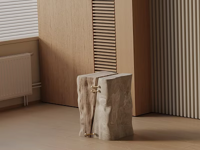 Natural Stone Bedside Table In Modern Minimalist Bedroom With Wooden Walls And Textured Design 3d model