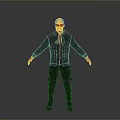 Man Wearing Sunglasses In Black Jacket And Pants Standing With Arms Outstretched Against Gray Background