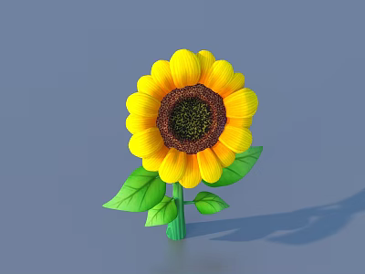Bright Yellow Sunflower With Brown Center And Green Leaves On Gray Background 3d model