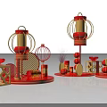 Traditional Chinese Art Installation with Red Lanterns Golden Frames Gift Boxes and Decorations