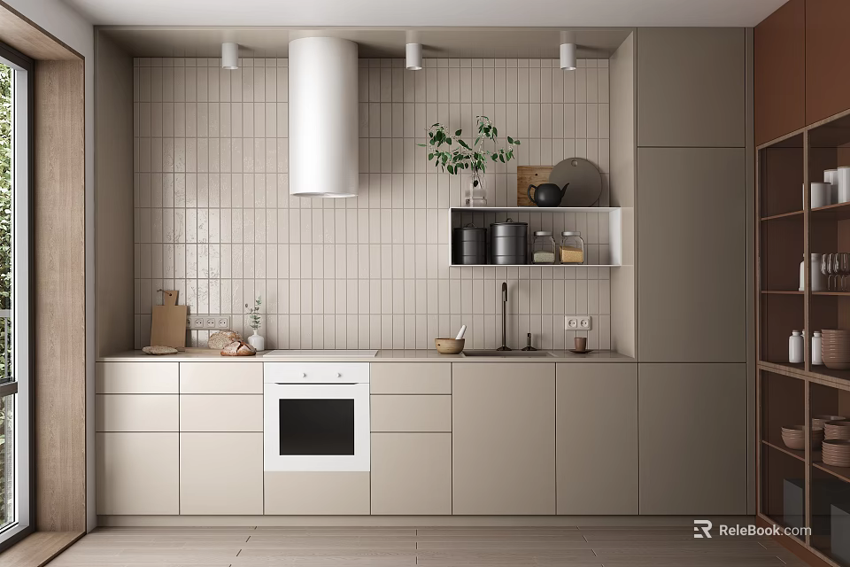 Modern Kitchen Interior Design With Light Cabinets White Tile Wall Range Hood And Countertop Plants 3d model 