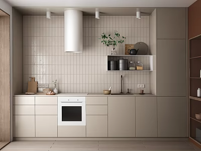 Modern Kitchen Interior Design With Light Cabinets White Tile Wall Range Hood And Countertop Plants 3d model
