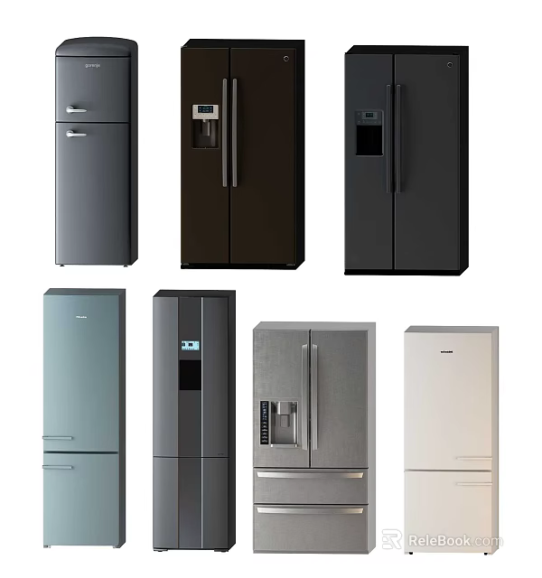 Modern Refrigerators And Freezers In Various Colors With Different Door Styles And Water Dispensers 3d model 