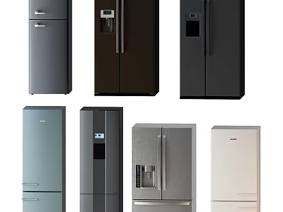 Modern Refrigerators And Freezers In Various Colors With Different Door Styles And Water Dispensers 3d model