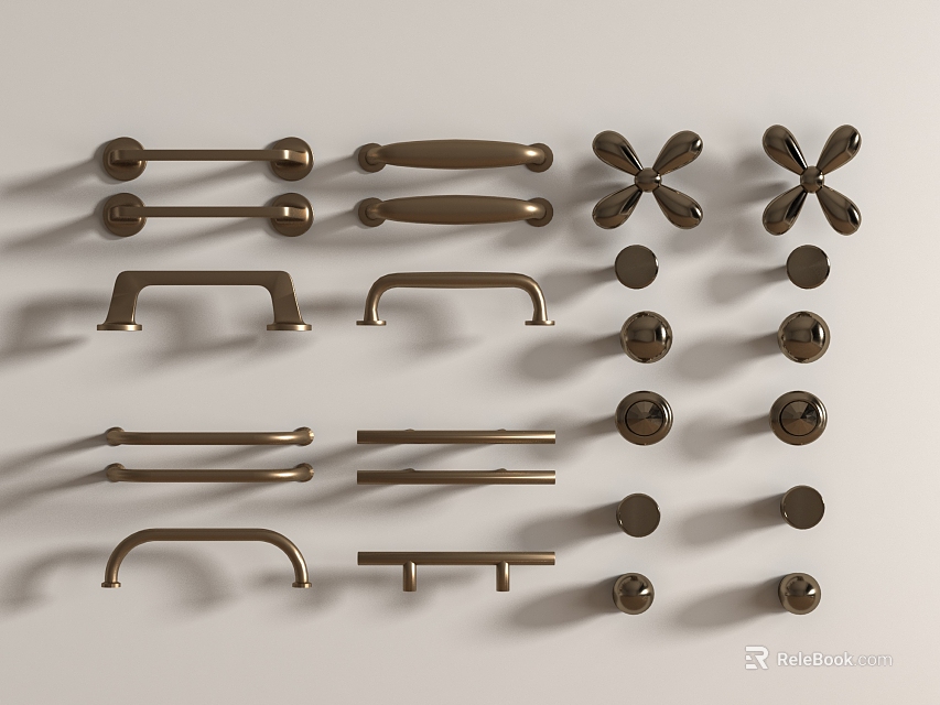 Various Furniture Handles with Different Designs and Shapes in Brushed Brass for Cabinets and Drawers 3d model 