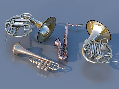 Brass Musical Instruments Collection Including French Horn Saxophone And Trumpet For Home Use 3d model