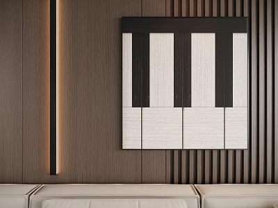 Minimalist Abstract Painting With Black And White Stripes On Modern Wooden Wall Interior 3d model