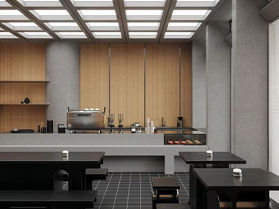 Modern Café with Wooden Walls Gray Pillars Ceiling Square Skylights Bar Counter Black Tables Benches 3d model