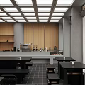 Modern Café with Wooden Walls Gray Pillars Ceiling Square Skylights Bar Counter Black Tables Benches