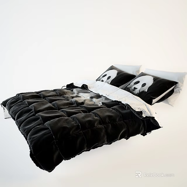 Double Bed with Black Comforter Skull Patterned Pillows and White Sheets 3d model 