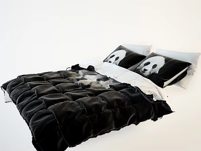 Double Bed with Black Comforter Skull Patterned Pillows and White Sheets 3d model