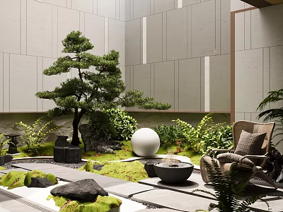 Japanese Zen Garden Featuring Pine Tree Moss Stone Lantern Water Basin And Armchair 3d model