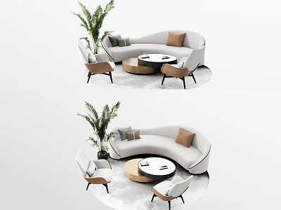 Modern Living Room Interior With Curved Sofa Coffee Table Set Armchairs And Potted Plant 3d model