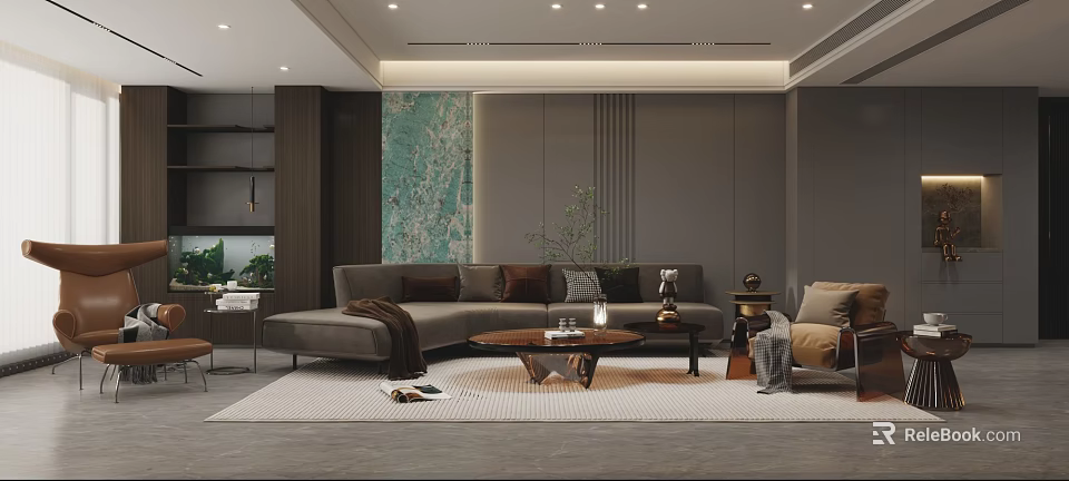 Modern Living Room Interior With Large Gray Sofa Coffee Table Decorative Painting and Area Rug 3d model 