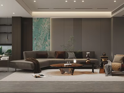 Modern Living Room Interior With Large Gray Sofa Coffee Table Decorative Painting and Area Rug 3d model
