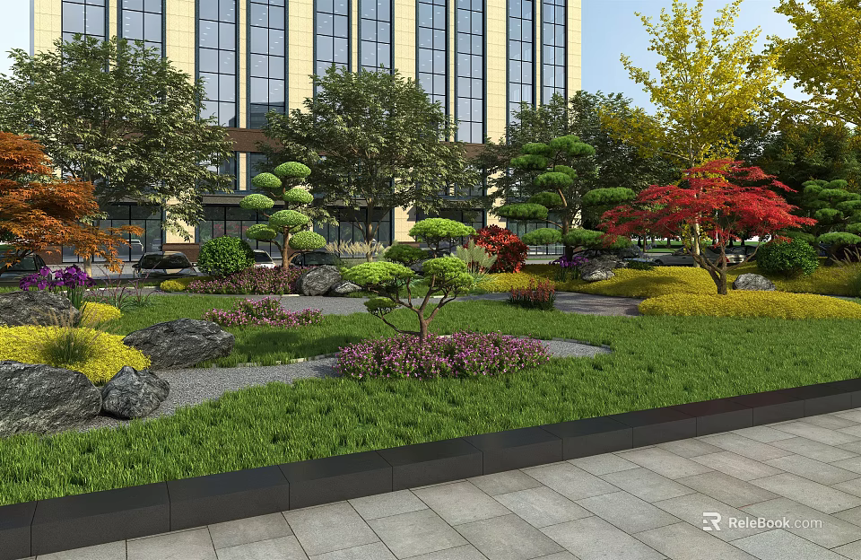 Garden Landscape With Various Trees Colorful Foliage Green Lawn Decorative Stones And Modern Building 3d model 
