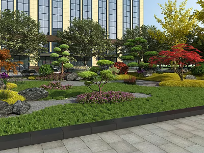 Garden Landscape With Various Trees Colorful Foliage Green Lawn Decorative Stones And Modern Building 3d model
