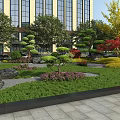 Garden Landscape With Various Trees Colorful Foliage Green Lawn Decorative Stones And Modern Building