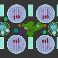 Modern Dinnerware Set with Plates Utensils Glass Vase and Decorative Flowers