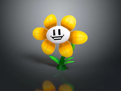 Cartoon Yellow Flower With White Center Smiling Face Green Stem And Leaves 3d model