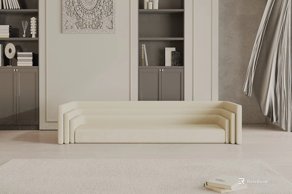 Modern Minimalist Beige Three Seater Sofa In Neutral Living Room With Bookshelves Wall Art 3d model 