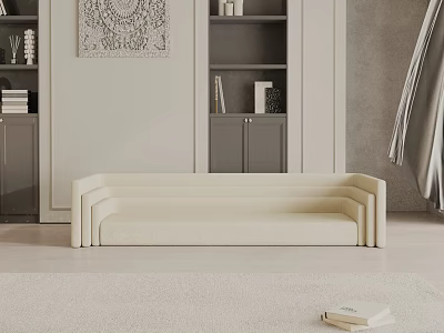 Modern Minimalist Beige Three Seater Sofa In Neutral Living Room With Bookshelves Wall Art 3d model
