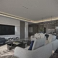 Modern Open Concept Living And Dining Room Interior With Marble Counter Sofa And City View