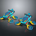 Vibrant Blue And Yellow Commercial Equipment With Multiple Wheels And Colorful Designs