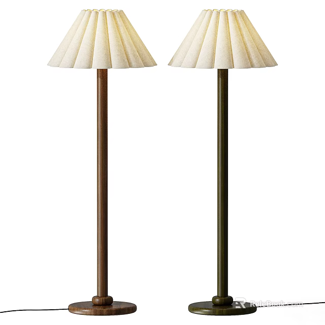 Two Modern Floor Lamps With Brown And Dark Poles And Pleated Fabric Shades 3d model 