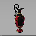 Decorative Black And Red Vase With Curved Handle Golden Accents And Intricate Red Patterns