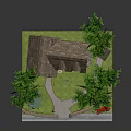 Cartoon Scene of Thatched Cottage with Lush Trees Colorful Flowers and Garden Pathway