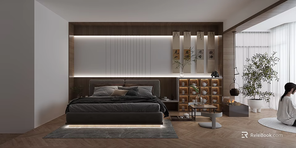 Modern Bedroom Interior With Wooden Panel Headboard Ambient Lighting Decorative Scrolls And Area Rug 3d model 