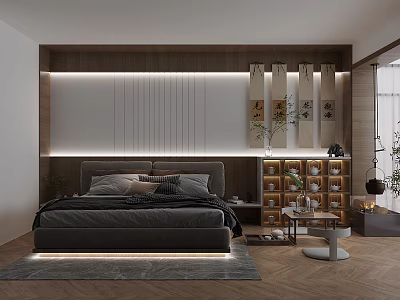 Modern Bedroom Interior With Wooden Panel Headboard Ambient Lighting Decorative Scrolls And Area Rug 3d model