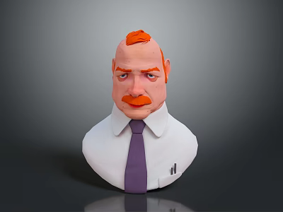 Man Bust With Red Hair Mustache White Shirt Purple Tie On Gray Gradient Reflective Background 3d model