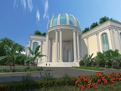 European-style Architecture With Glass Dome White Columns Surrounding Palm Trees Red Flowers And Blue Sky 3d model